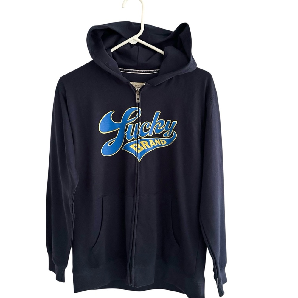 NWT Lucky Brand Be Lucky Navy Blue Full Zip Graphic Sweatshirt Hoodie Youth XL